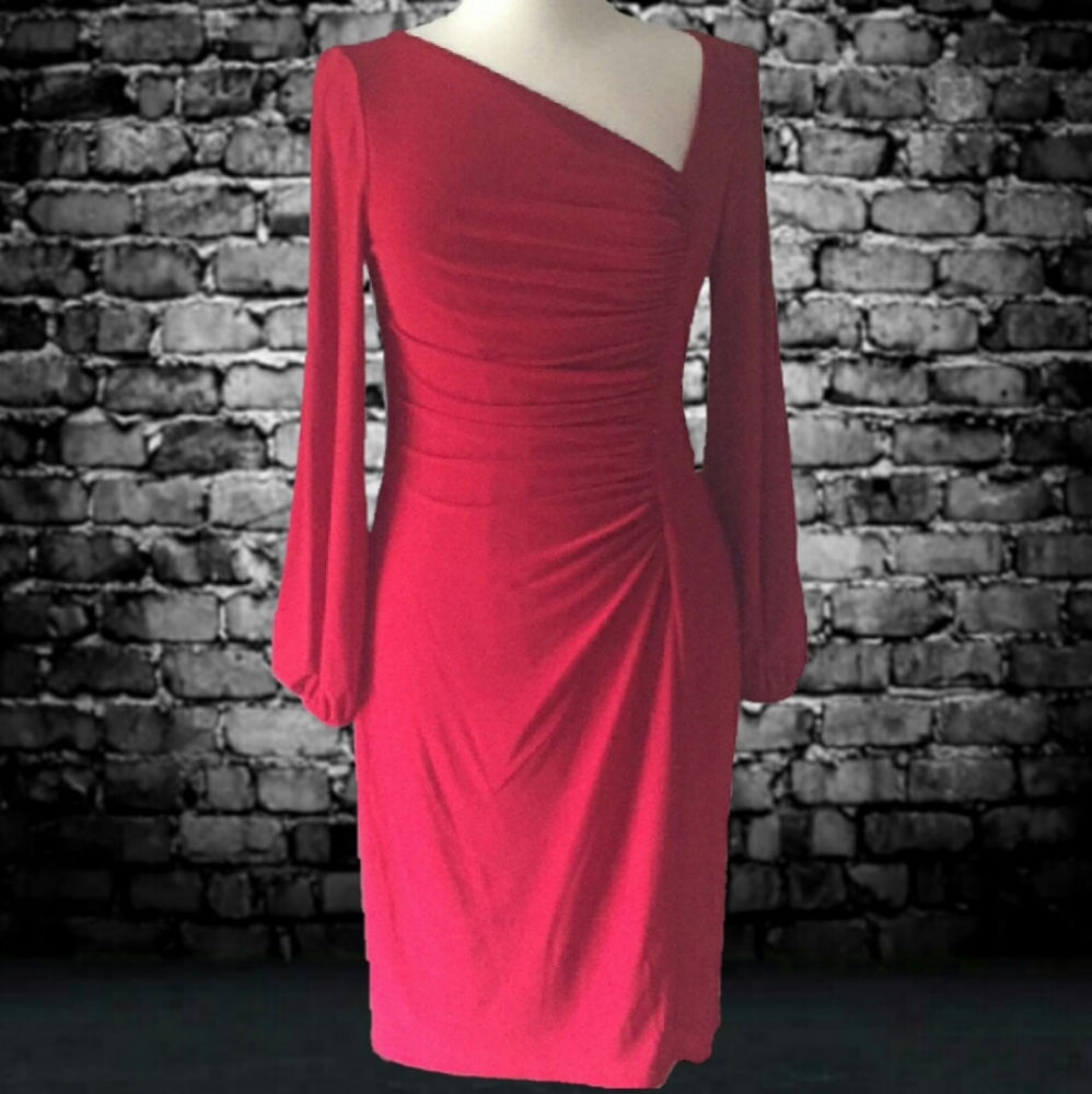CHAPS Med RED STRETCH DRESS OPEN ARM SLIT LONG SLEEVE women asymetrical neckline - Picture 3 of 7